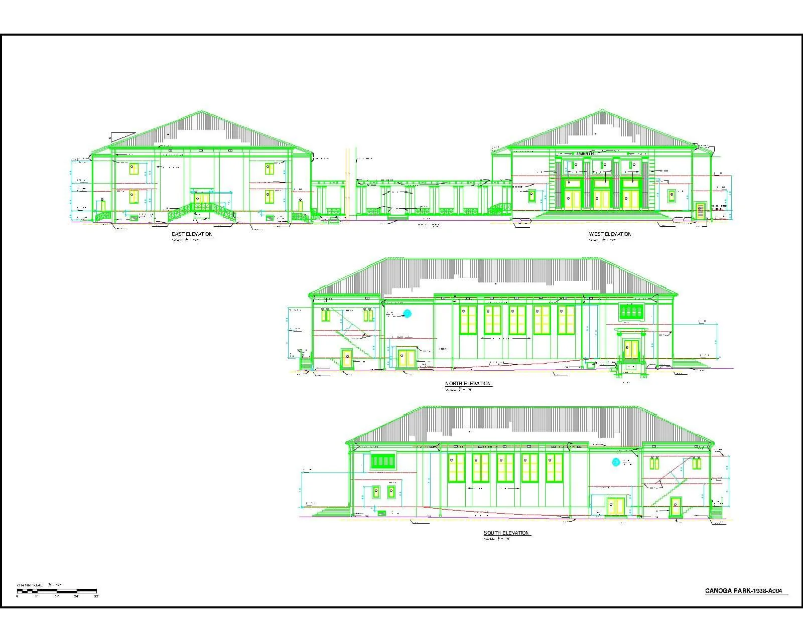 The same elevations redrafted as layered CAD